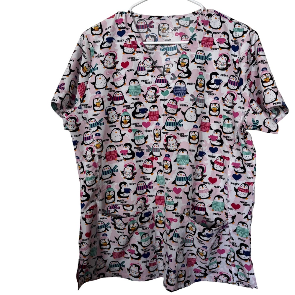 Divine Stretch Women's Scrub Large V- Neck Holiday Penguin Pattern